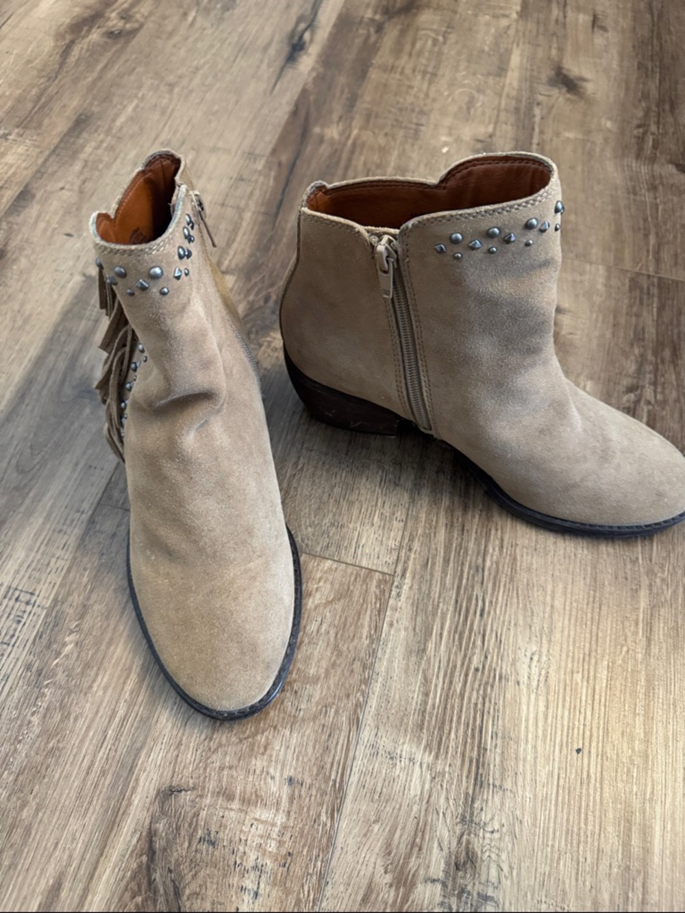 Lucky Brand Taupe Suede Studded Fringe Booties